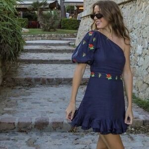 🏷Fanm Mon Flame🌹Mini Linen One Sleeve Ruffle Hem Floral🌹Embroidery Dress New